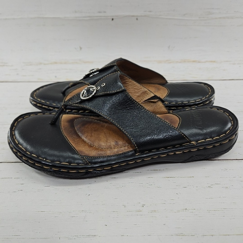 Born Women 8 Black Leather Thongs Flip Flops Slides Sandals Comfort Shoes W31465 - Picture 3 of 8